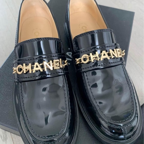 CHANEL Shoes - CHANEL Black Patent Leather Logo Chain Loafers
